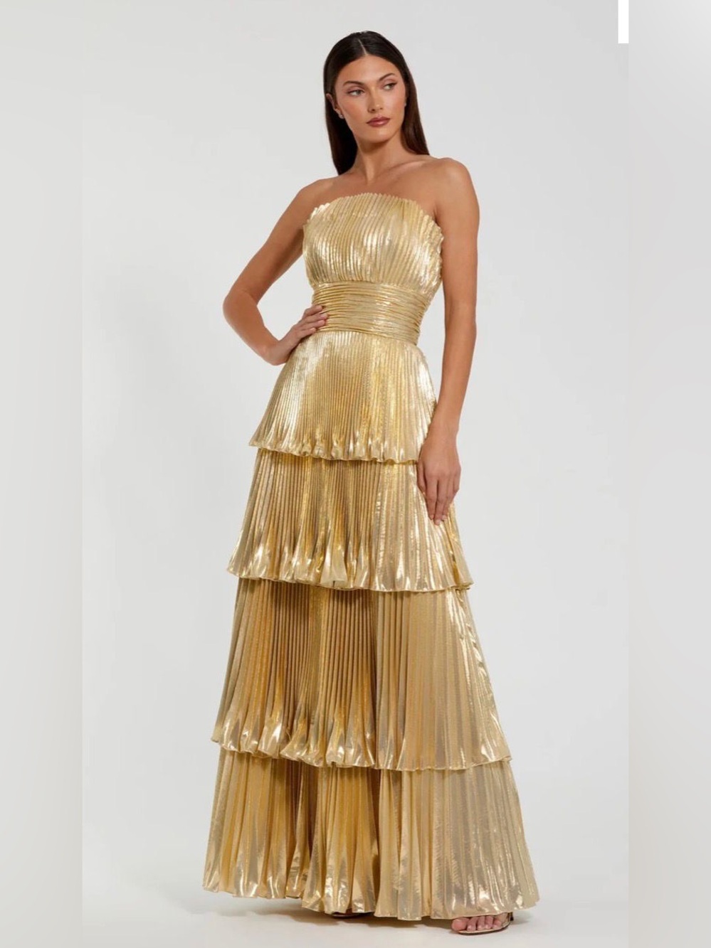Mac Duggal Metallic Gold Strapless Tiered Pleated Gown